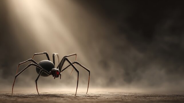 Macroscopic View of Black Widow Spider with Red Markings on Textured Surface in Dramatic Lighting