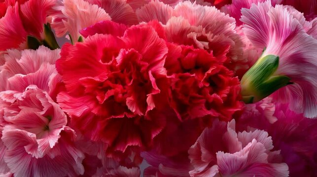 Elegant macro animation of blooming red and pink carnations for celebratory backgrounds