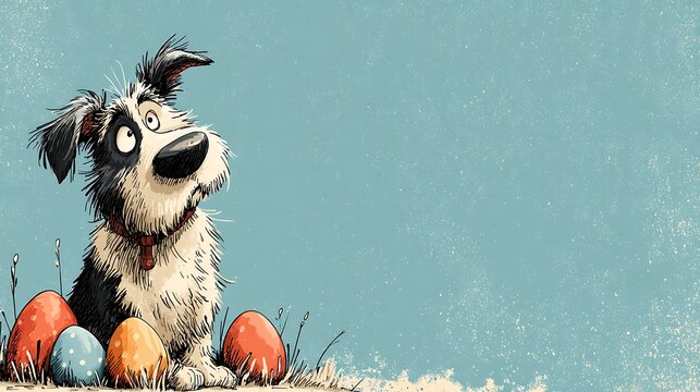 Cute cartoon dog with big eyes sits next to colorful Easter eggs in grass. light blue textured bac