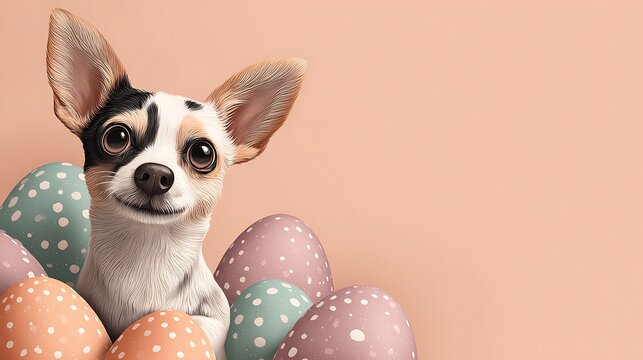 Adorable Chihuahua dog peeking out from behind pastel Easter eggs. festive holiday theme. soft bac