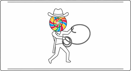 Obraz premium Whimsical Cowboy with Lollipop Head and Lasso - Surreal Cartoon Art