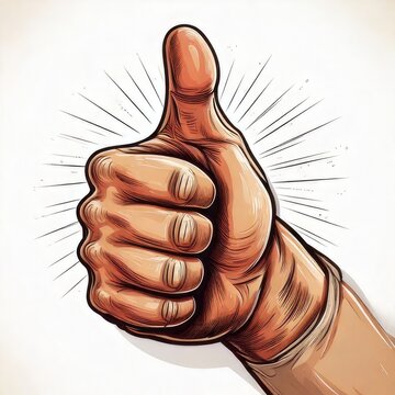 Cartoon style hand with thumb up, white background