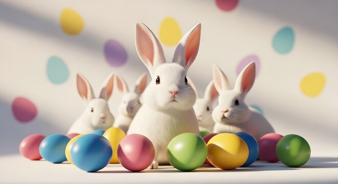 Easter bunnies and colorful eggs on white background