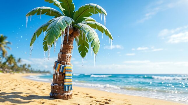 Miniature palm tree decorated with bracelets on sandy beach near ocean under blue sky