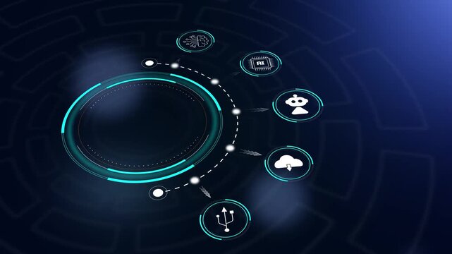 Digital hud animation background with glowing tech elements and interactive icons for global communication and cyber system