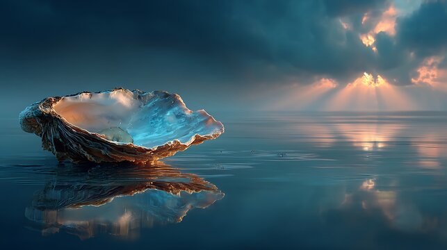 Large oyster shell resting on calm water surface reflecting dramatic sunset clouds and golden ligh