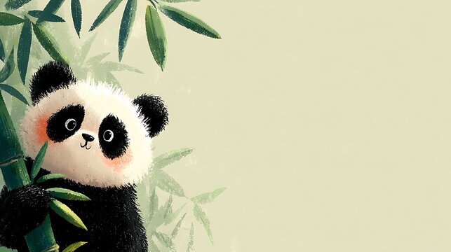 Adorable baby panda peeking from lush green bamboo forest in painterly illustration style