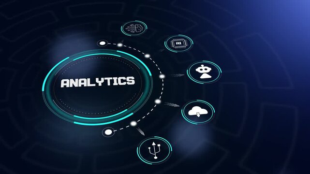 Digital hud animation focusing on analytics displaying interactive icons for futuristic technology or data science concept video