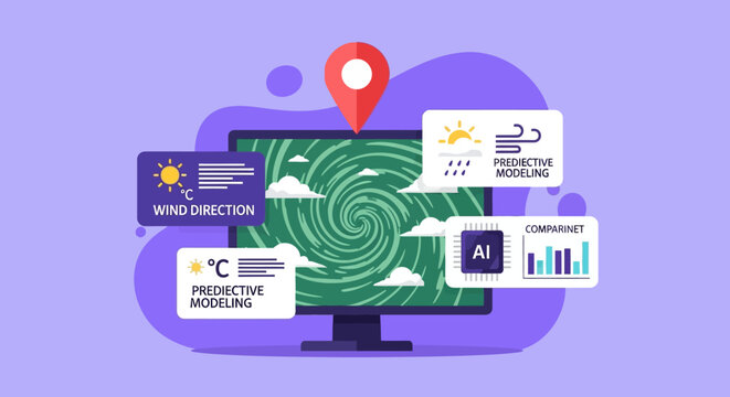 Graphic illustration of a computer displaying weather forecasting elements on a purple background