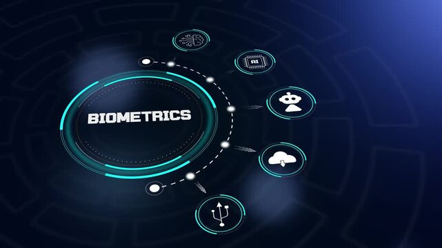 Biometrics hud animation with futuristic digital interface and scanning icons for identity verification or security software ads