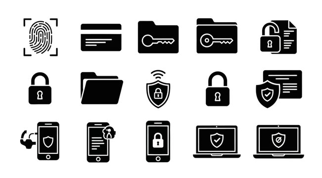 Digital device security and biometric authentication icon set with fingerprint and locked folders