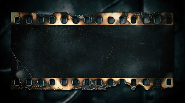 Burnt film strip grunge frame with torn edges scratches and smoke dark cinematic background vintage damaged reel texture template