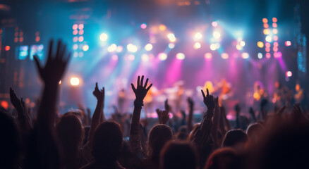 Fototapeta na wymiar young people having fun at the concert, dancing and cheering with their hands raised up in front of colorful lights