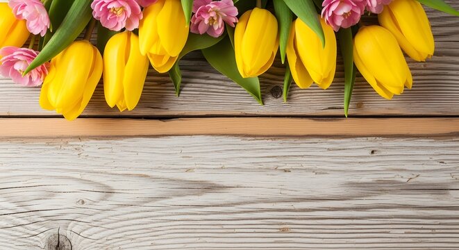 Vibrant tulips on rustic wooden background
