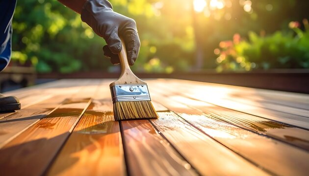 Applying protective stain to a wooden deck with a brush.