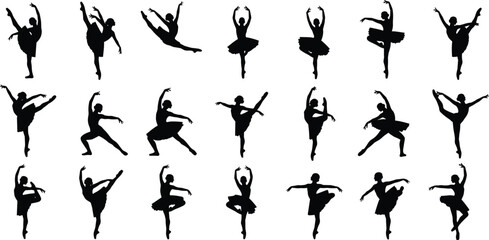Ballet dancer silhouettes, classical ballet poses, pirouette, arabesque, leap, elegant dance positions, black silhouette art, graceful ballerina movements, performance illustration © Sabekun