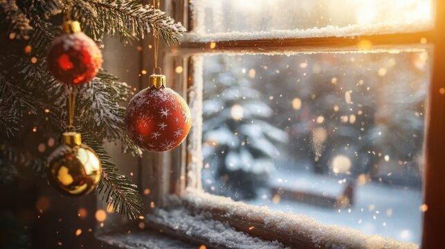 Festive Christmas ornament hangs near a snow-covered window with warm lights on a winter evening.