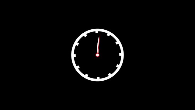 White clock icon with moving arrows in 12 hour loop. Stopwatch animation. Alpha channel. clock face animation video 4k. watch time arrows spinning turning. 24h hours