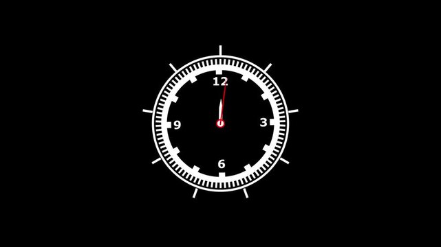 12-hour loop stopwatch animation. Fast spinning clock on black background. Flat clock icon showing 24 hours. Smooth timer motion for UI, apps, and digital projects. 4K seamless loop.
