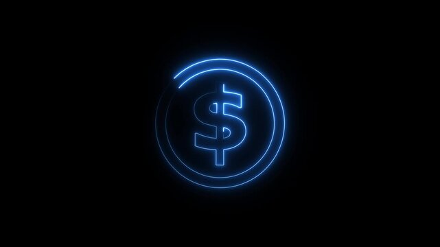 Glowing light neon blue color dollar icon animation us currency business money us coin wealth finance profit cash circle us dollar payment on black background