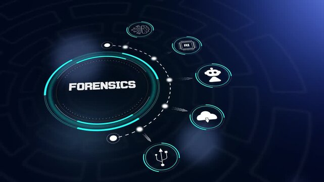 Digital motion graphics of forensics hud animation showing interactive tech symbols for innovative cyber crime detection concepts