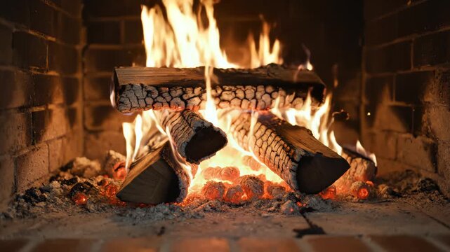 Wood burning in a brick fireplace