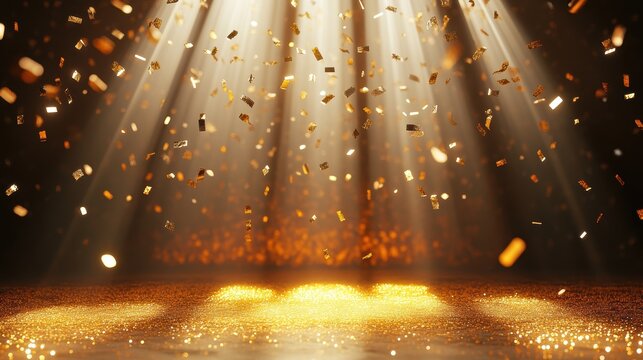 Golden confetti and glitter raining down on a brightly lit stage, creating a festive atmosphere for an event or performance.