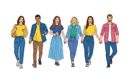 Fototapeta premium Diverse Young Friends Walking Together Casual Fashion Lifestyle Unity Illustration