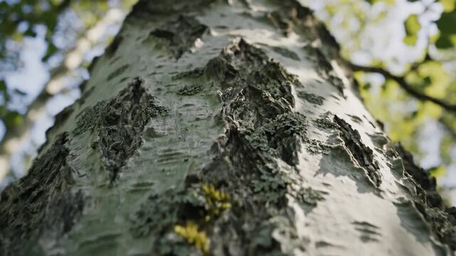 Close-up view of textured tree bark with moss and lichen growth