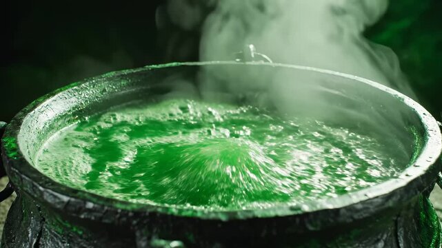 Steaming green liquid in a cauldron