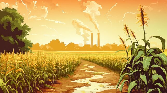 Industrial pollution looms over a sunny cornfield with smoke billowing from distant factories and a winding dirt path with water runoff.