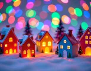 Fototapeta premium Colorful Paper Houses with Glowing Windows Whimsical Atmosphere