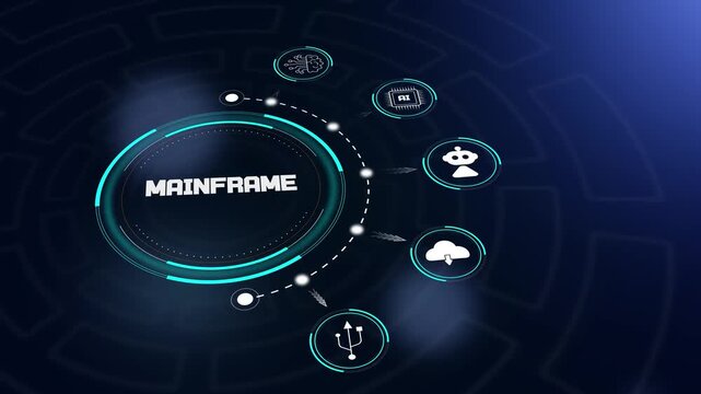 Mainframe hud animation with futuristic digital interface and server icons to showcase large scale enterprise computing systems