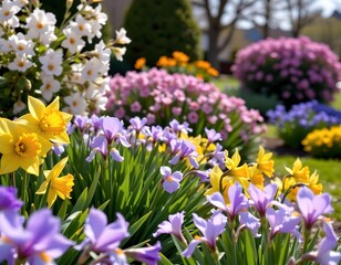 Fototapeta premium Spring Garden Morning Light with Blooming Flowers