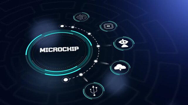 Microchip hud animation featuring futuristic semiconductor interface with tech icons to showcase processor and hardware design