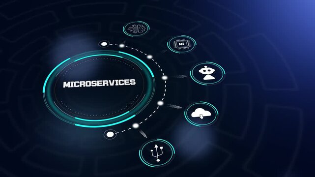 Microservices hud animation with futuristic digital interface and modular icons to showcase cloud architecture and devops