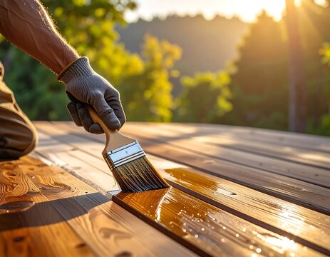 Applying protective wood stain to a wooden deck with a brush.
