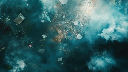 Fototapeta premium Polluted Waterways with Floating Trash and Pollution Residues Under a Cloudy Sky Aerial View