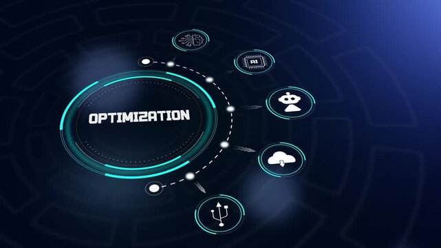 Optimization hud animation featuring futuristic digital interface with efficiency icons to demonstrate system performance tuning