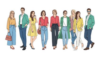 Obraz premium Stylish Diverse Young Adults Fashion Illustration Modern Casual Streetwear Outfit Collection