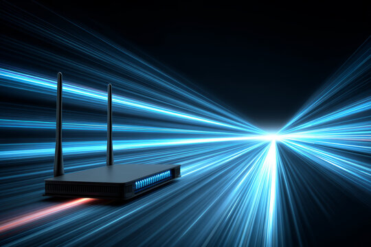 Wireless router wifi router internet technology high speed network data connection glowing line digital background blue light fast communication