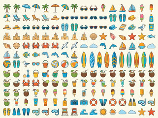 A comprehensive collection of colorful summer and beach-themed icons, featuring various vacation elements like umbrellas, surfboards, sandcastles, and drinks. © Insan