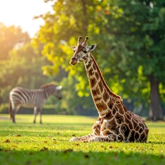 Obraz premium Giraffe Resting in a Lush Green Field with Zebra in Background.