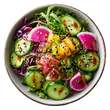 Vibrant Poke Bowl with Tuna. Cucumber. Watermelon Radish. and Sesame Seeds in Rustic Ceramic Bowl