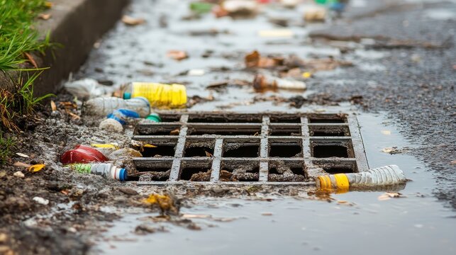 Urban storm drain severely clogged with floating plastic bottles and foam debris, highlighting severe pollution