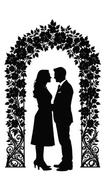 romantic couple silhouette standing face to face under detailed floral arch with decorative leaves and flowers isolated on transparent background ideal for wedding invitation romance and celebration.