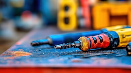 Fototapeta premium Vibrant Industrial Tools With Striking Colors in a Detailed Workshop Setting