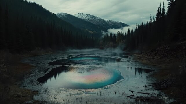 Vibrant iridescent oil slick reflecting light on a polluted lake surface in a moody mountainous forest landscape