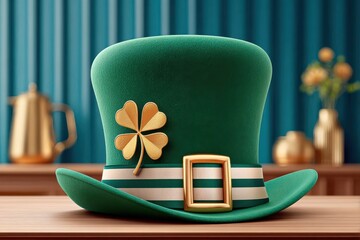 Fototapeta premium Green leprechaun hat with four-leaf clover and gold buckle for St. Patrick's Day celebration