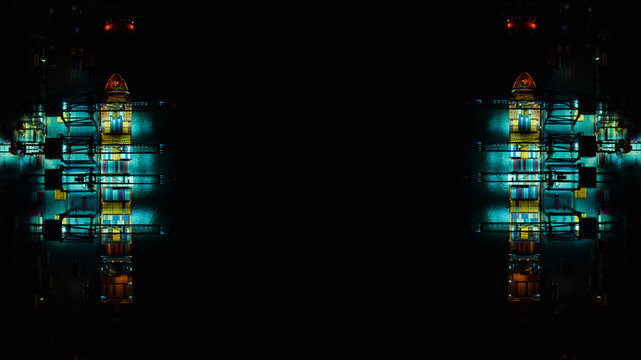 Panoramic aerial night view of container ports illuminated with neon lights, arranged symmetrically on dark water, creating abstract composition representing global logistics and digital trade network